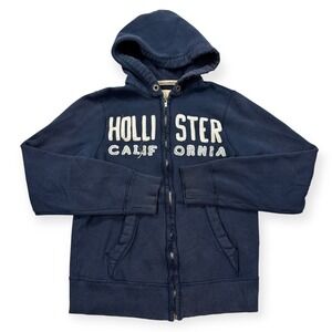 Hollister Hoodie Men's Large Navy Blue Zip Up Embroidered Logo Thrashed Y2K